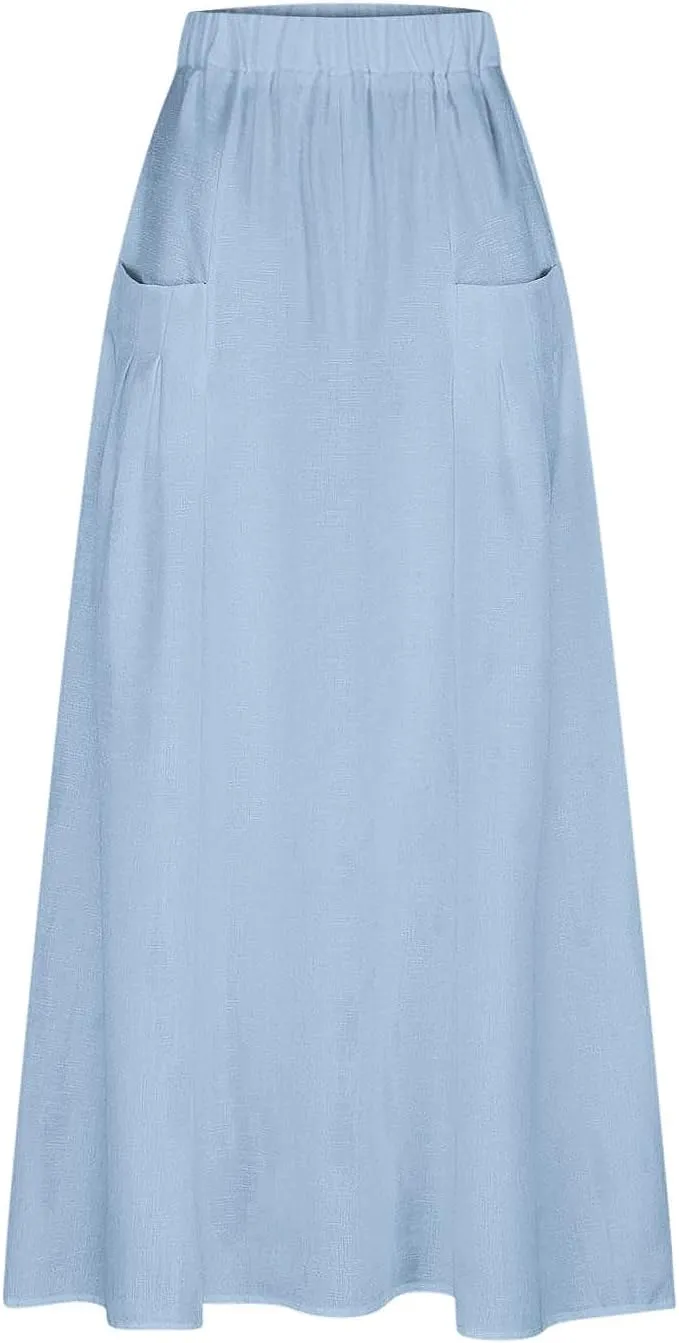 Women Casual Skirts with Pockets Plus Size Maxi Skirts High Waist Pleated Skirt Long A-Line Skirts Flowy Travel Skirt