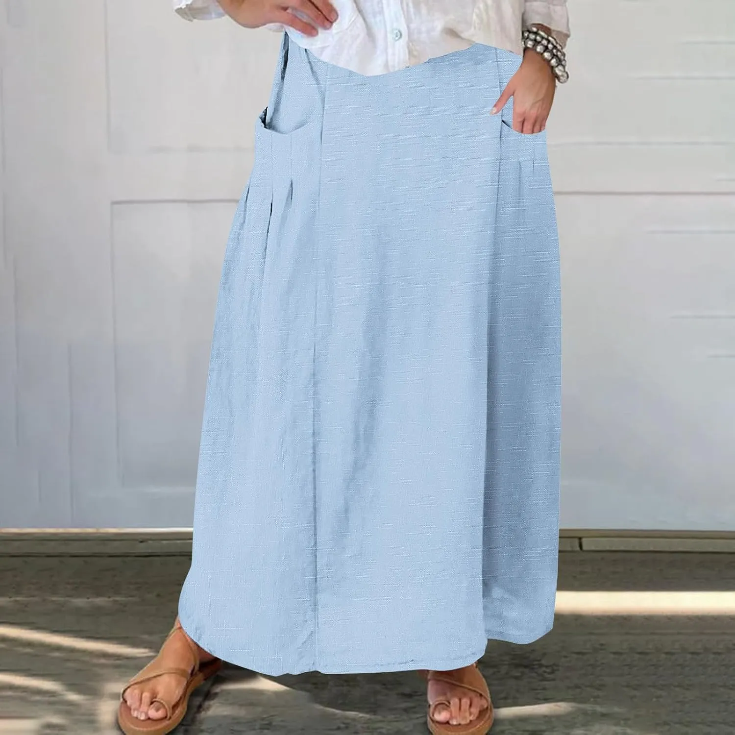 Women Casual Skirts with Pockets Plus Size Maxi Skirts High Waist Pleated Skirt Long A-Line Skirts Flowy Travel Skirt