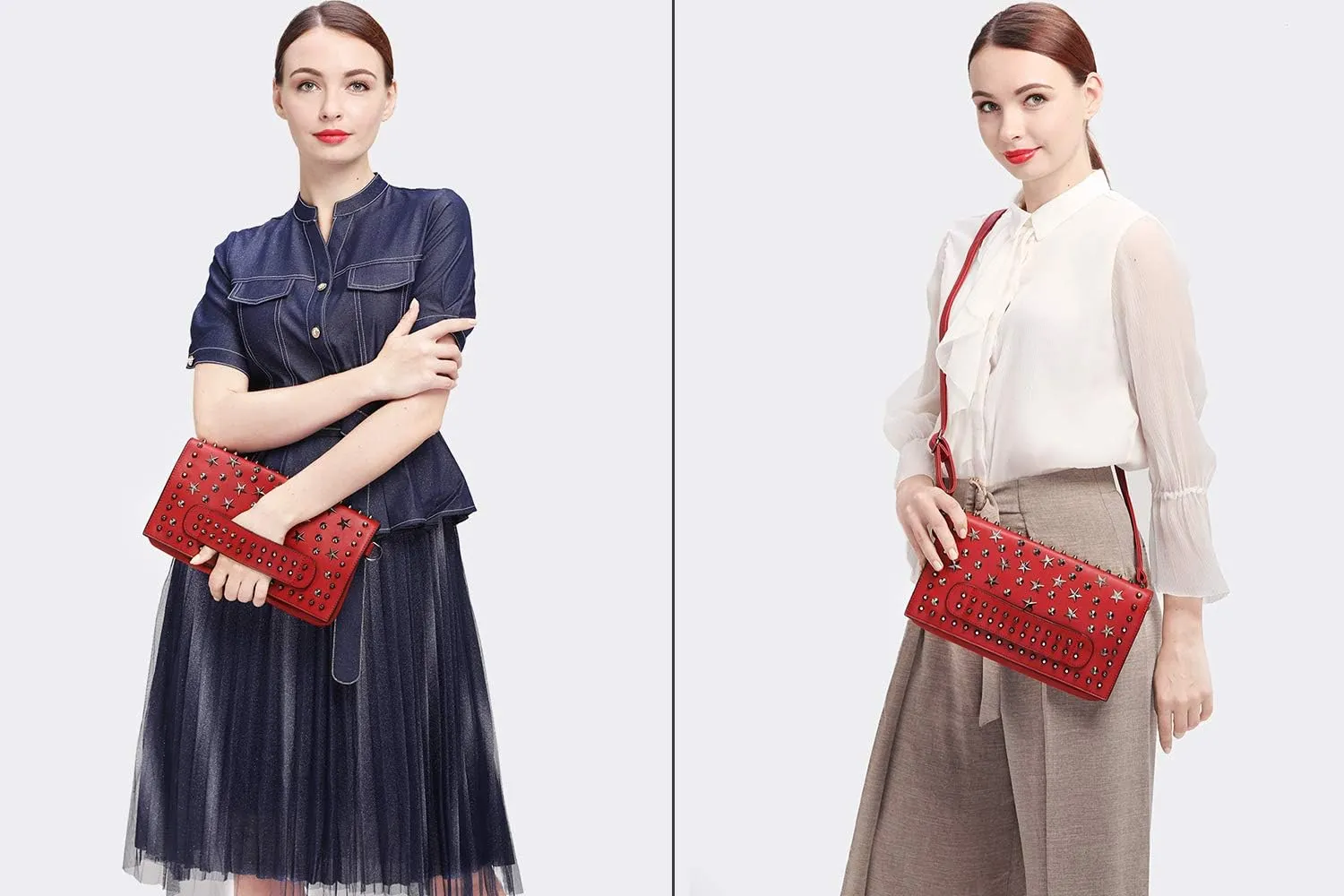 Women Envelope Clutch Bag Star Rivet Wristlet Shoulder Large Purse Evening Bags
