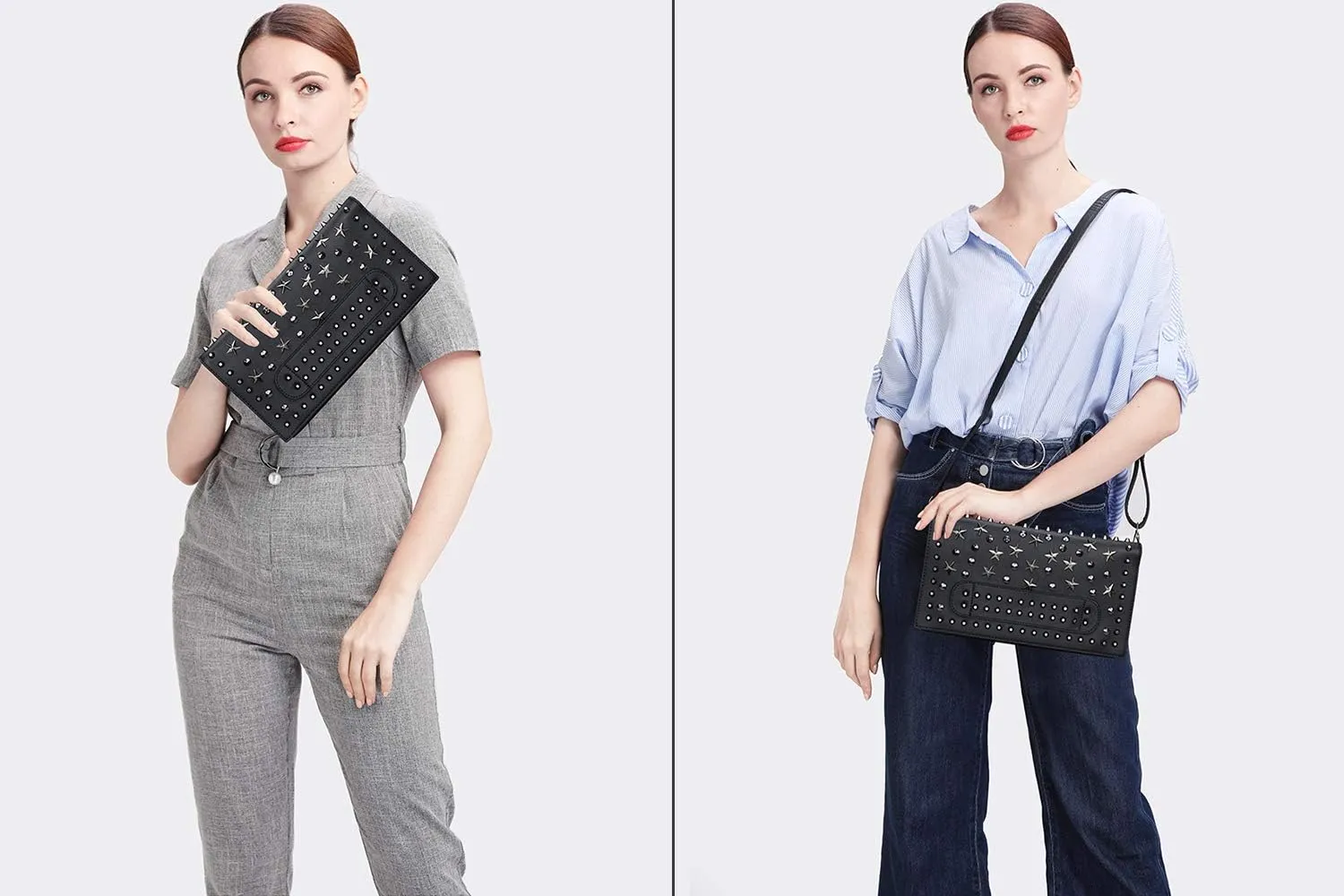 Women Envelope Clutch Bag Star Rivet Wristlet Shoulder Large Purse Evening Bags