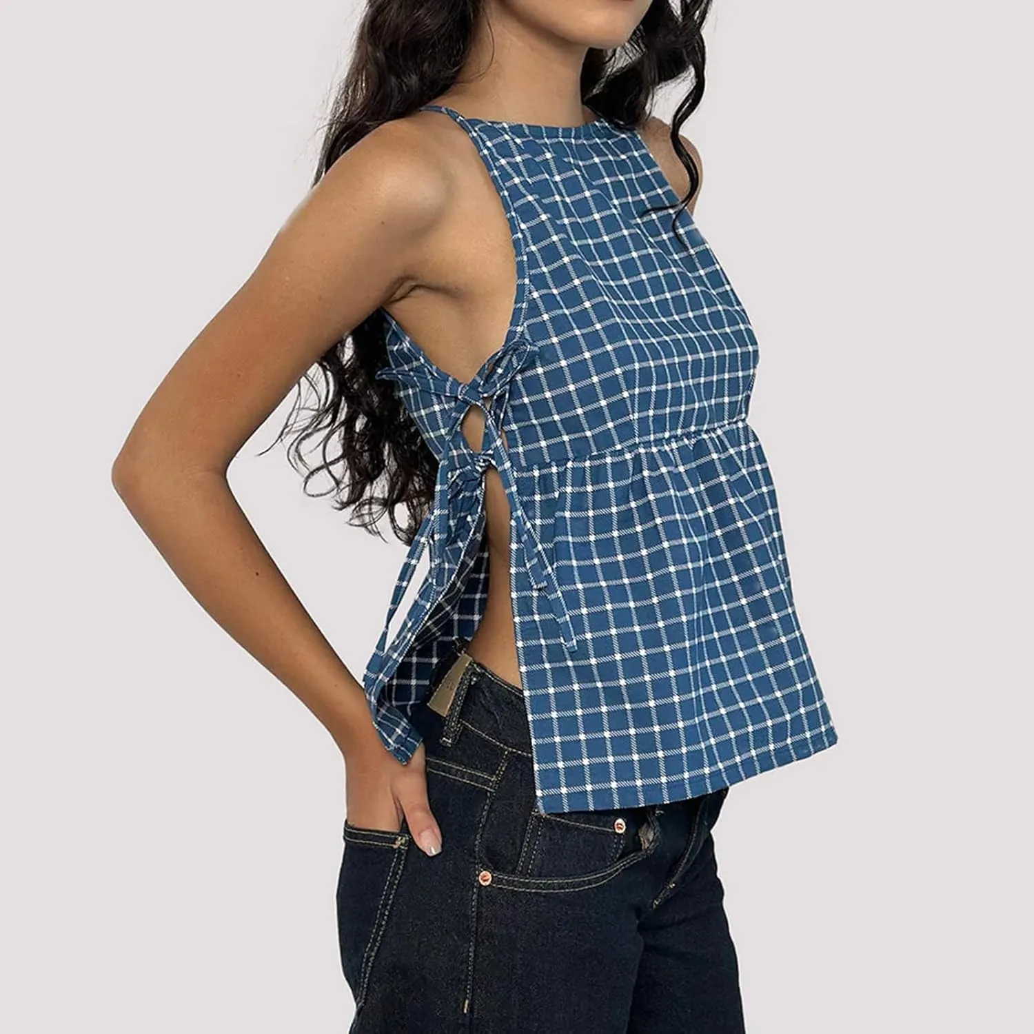 Women Floral Embroidered Side Tie Tank Top Sleeveless Square Neck Split Vest Lace Patchwork Pleated Babydoll Shirts