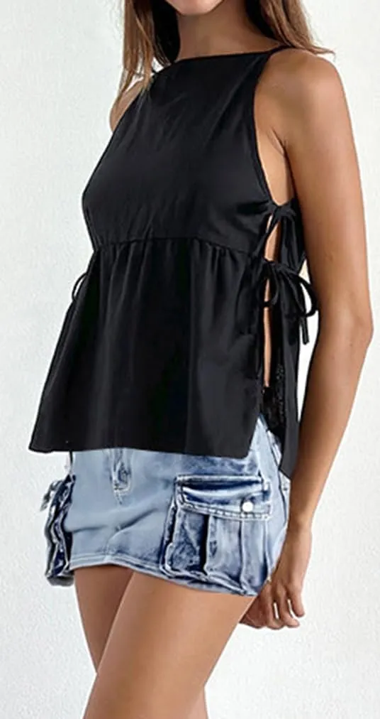 Women Floral Embroidered Side Tie Tank Top Sleeveless Square Neck Split Vest Lace Patchwork Pleated Babydoll Shirts