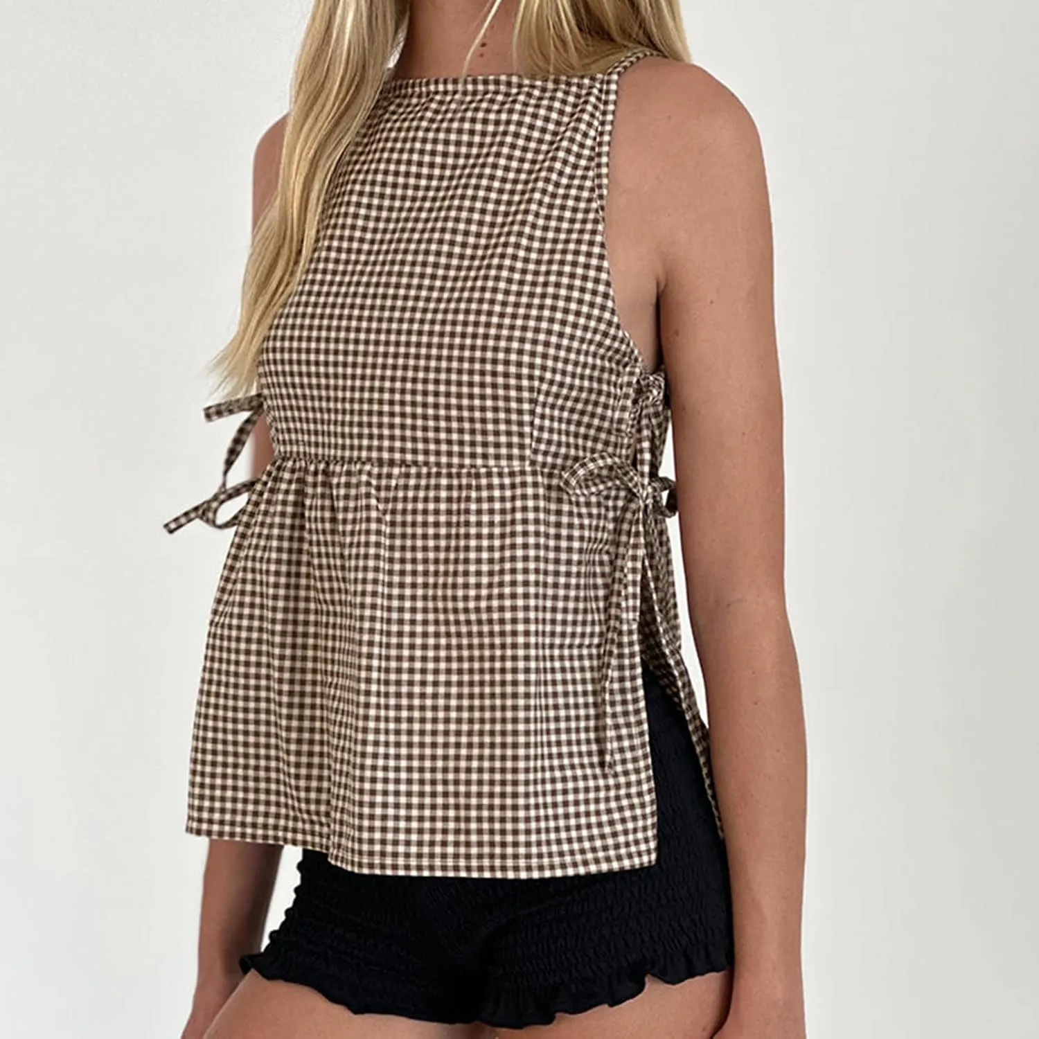 Women Floral Embroidered Side Tie Tank Top Sleeveless Square Neck Split Vest Lace Patchwork Pleated Babydoll Shirts