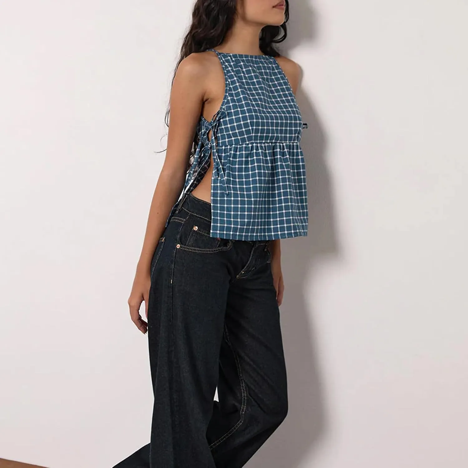 Women Floral Embroidered Side Tie Tank Top Sleeveless Square Neck Split Vest Lace Patchwork Pleated Babydoll Shirts