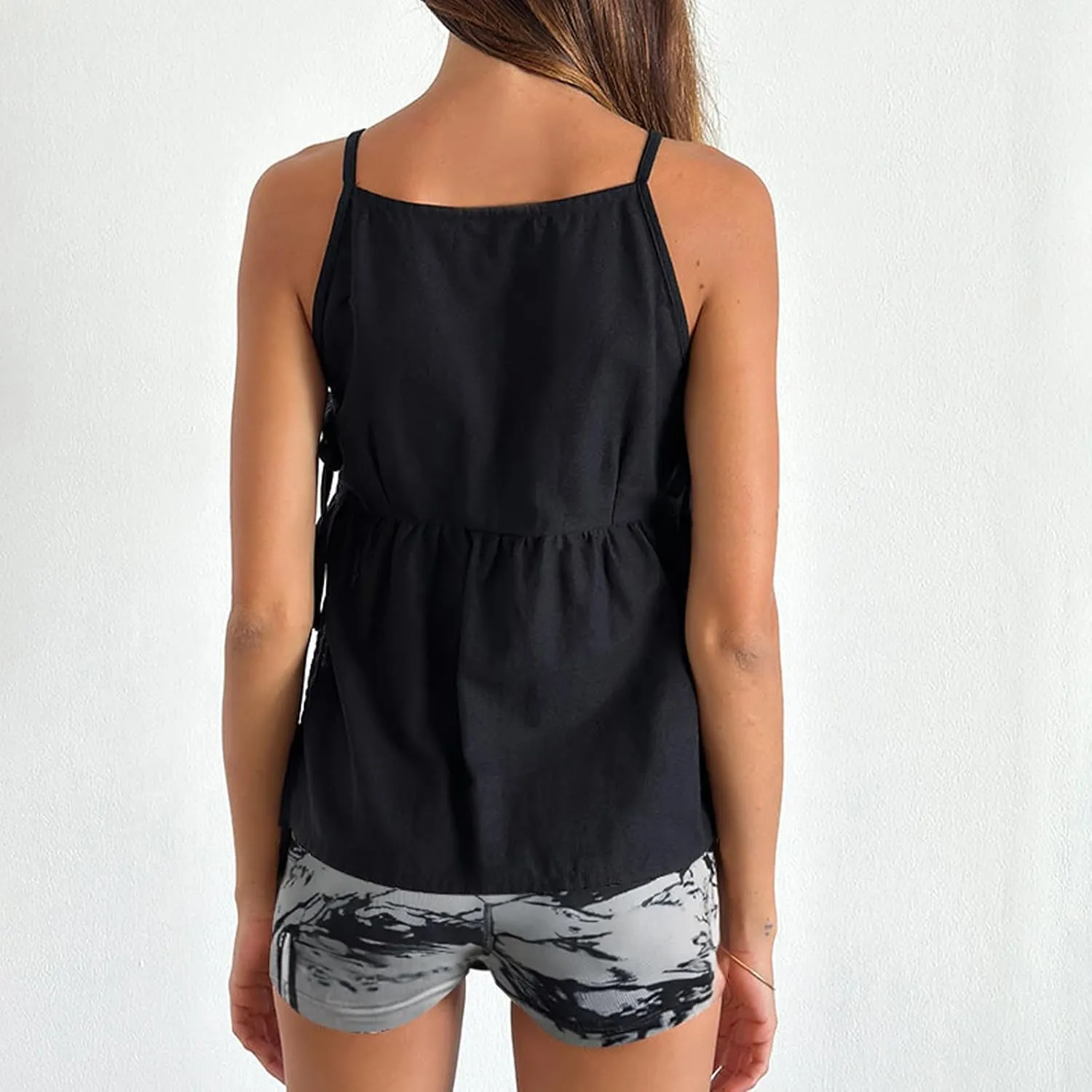 Women Floral Embroidered Side Tie Tank Top Sleeveless Square Neck Split Vest Lace Patchwork Pleated Babydoll Shirts