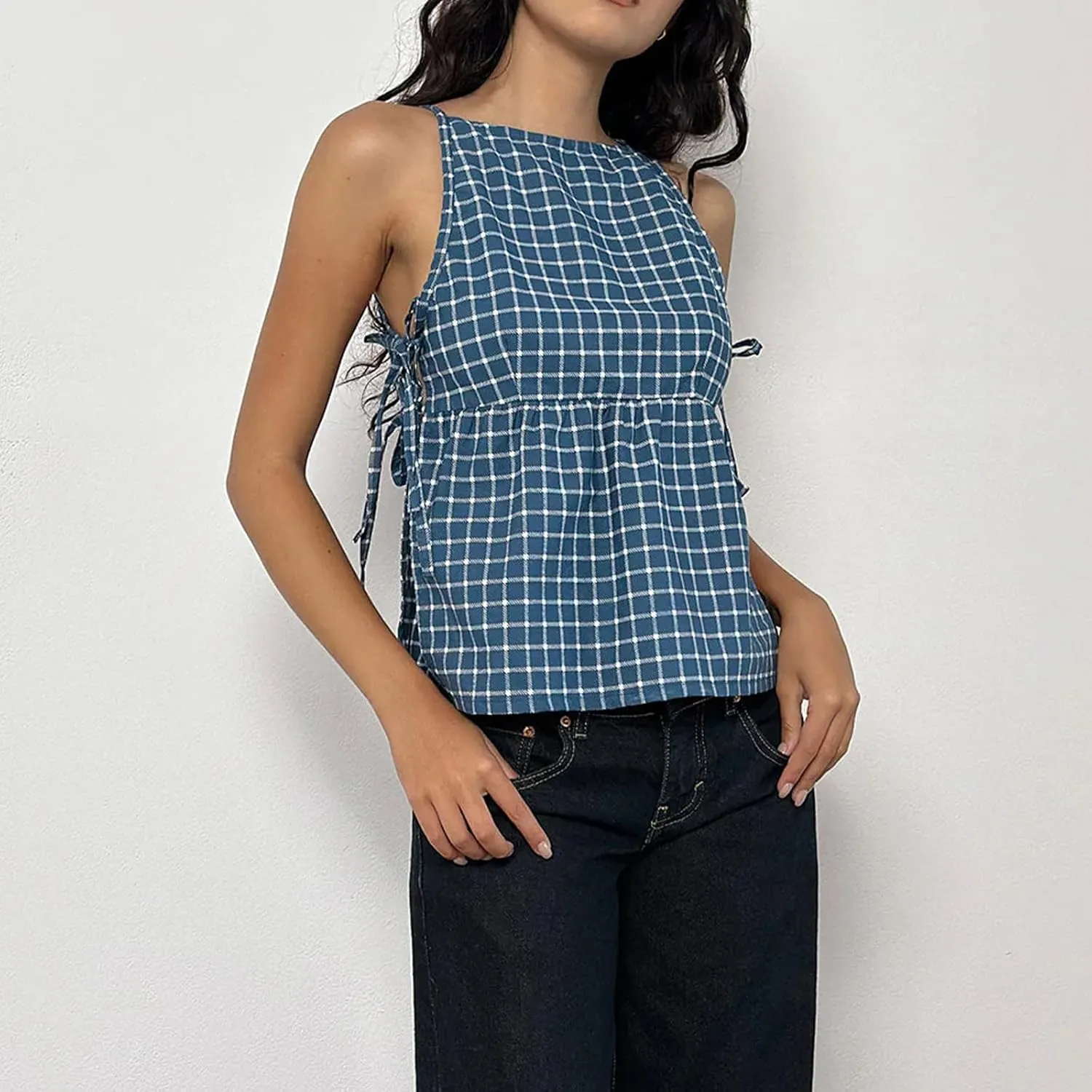 Women Floral Embroidered Side Tie Tank Top Sleeveless Square Neck Split Vest Lace Patchwork Pleated Babydoll Shirts