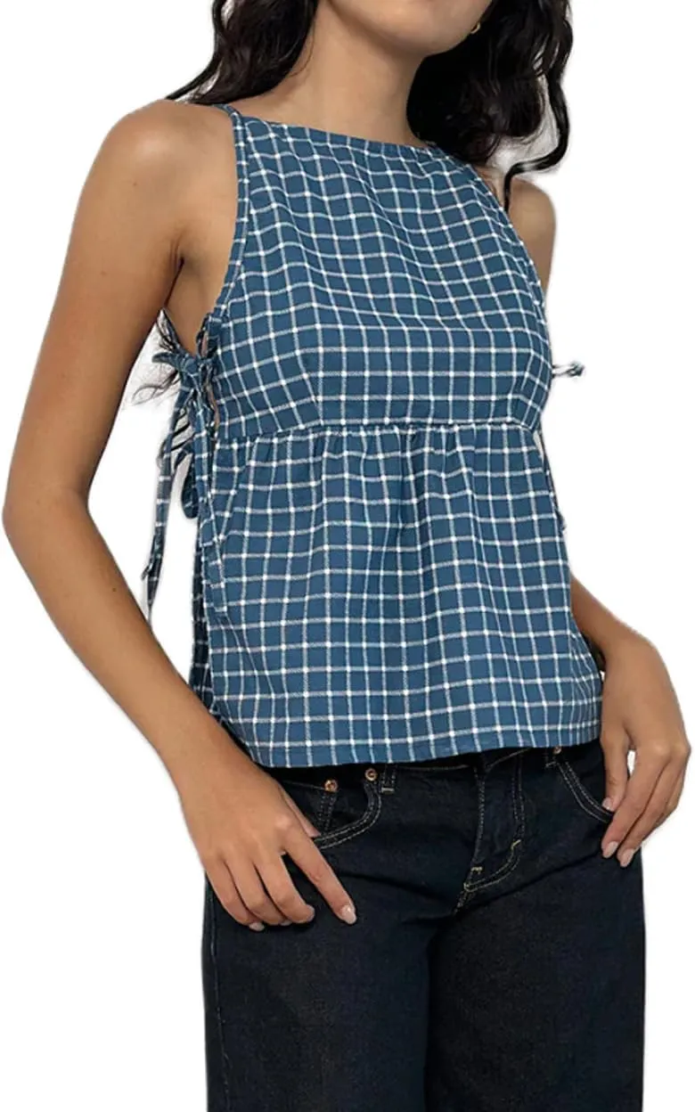 Women Floral Embroidered Side Tie Tank Top Sleeveless Square Neck Split Vest Lace Patchwork Pleated Babydoll Shirts