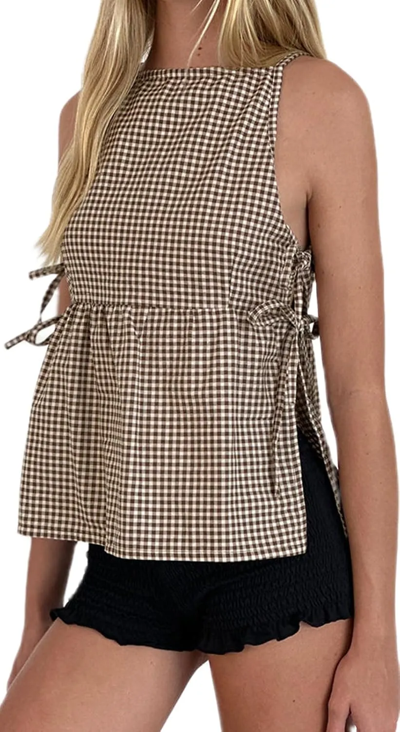Women Floral Embroidered Side Tie Tank Top Sleeveless Square Neck Split Vest Lace Patchwork Pleated Babydoll Shirts