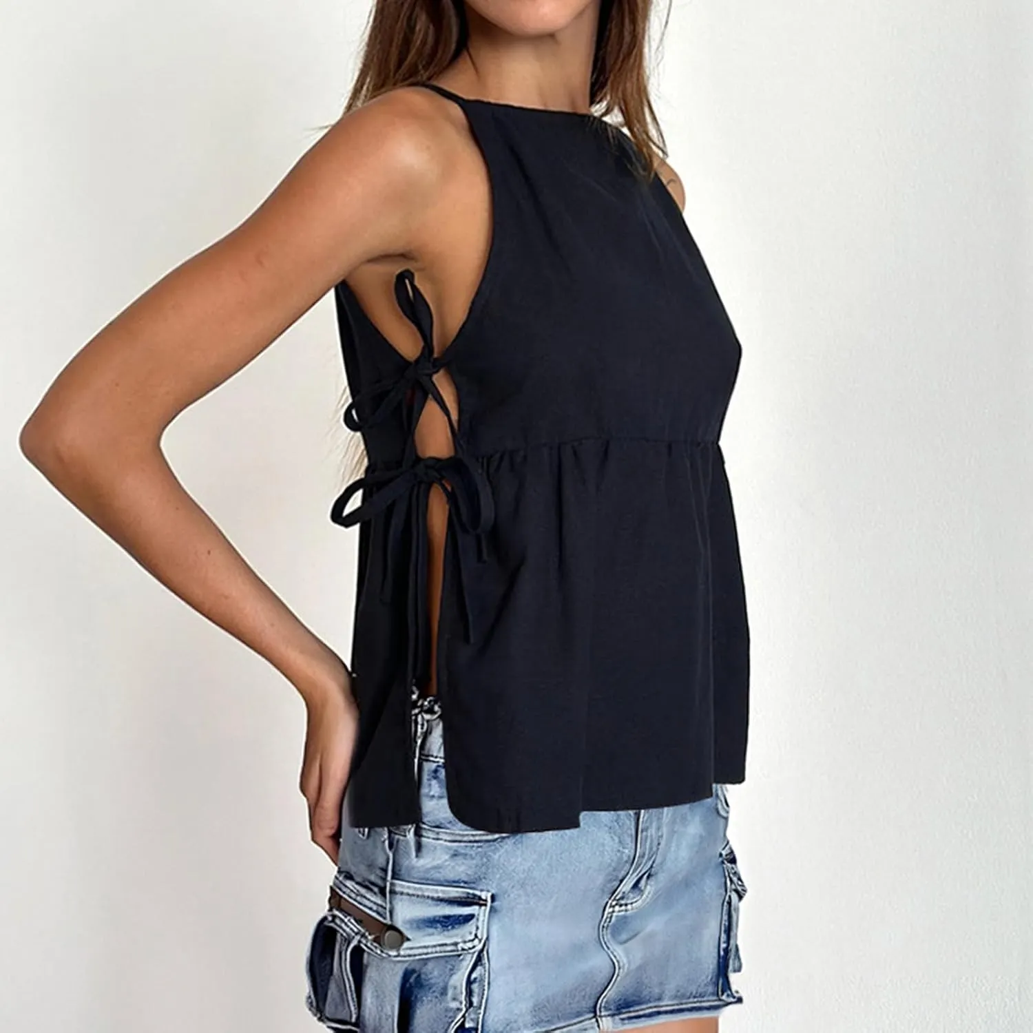 Women Floral Embroidered Side Tie Tank Top Sleeveless Square Neck Split Vest Lace Patchwork Pleated Babydoll Shirts
