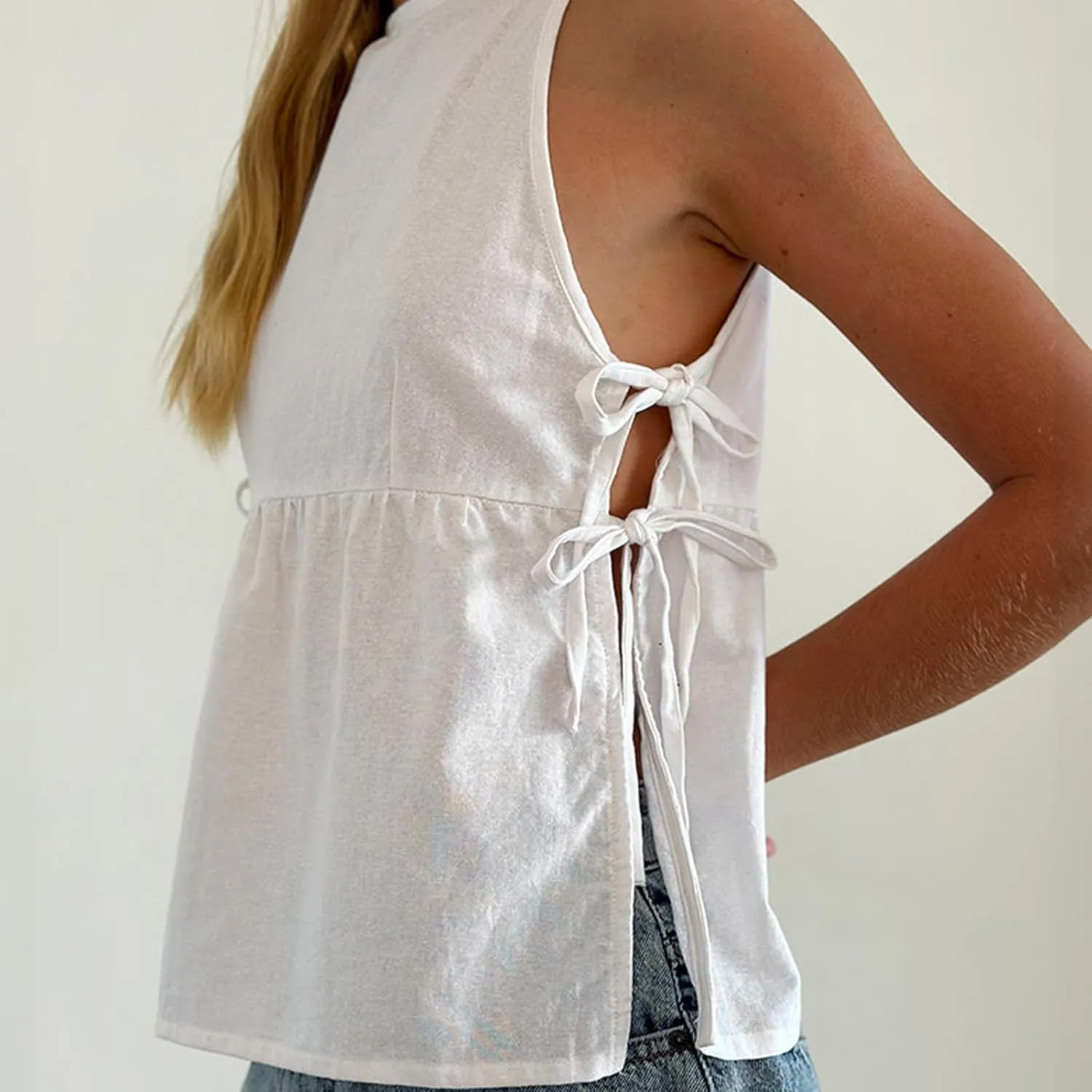 Women Floral Embroidered Side Tie Tank Top Sleeveless Square Neck Split Vest Lace Patchwork Pleated Babydoll Shirts