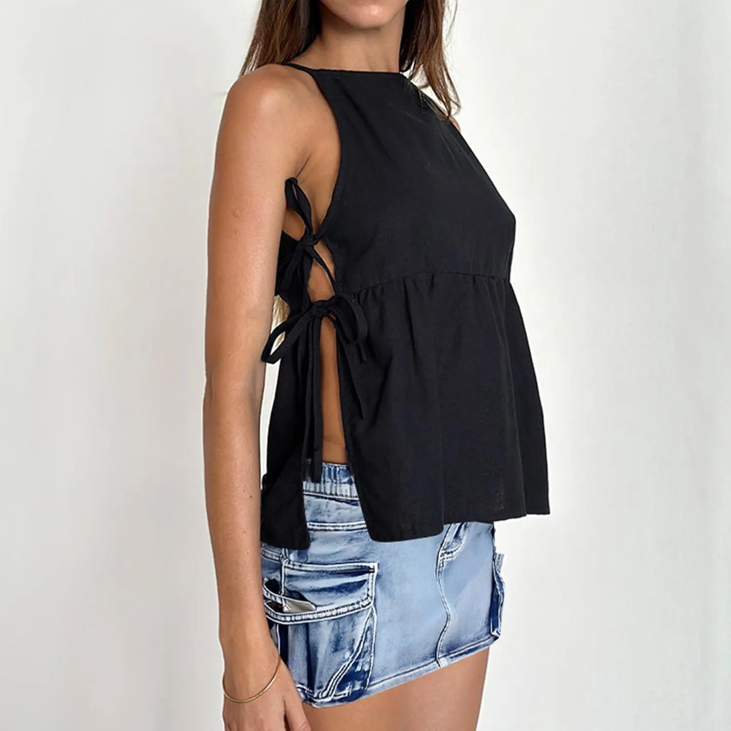 Women Floral Embroidered Side Tie Tank Top Sleeveless Square Neck Split Vest Lace Patchwork Pleated Babydoll Shirts