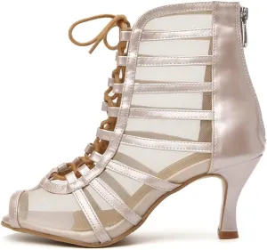 Women Latin Dance Boots Open Toe Ballroom Salsa Dancing Heels Shoes Ankle Dance Booties