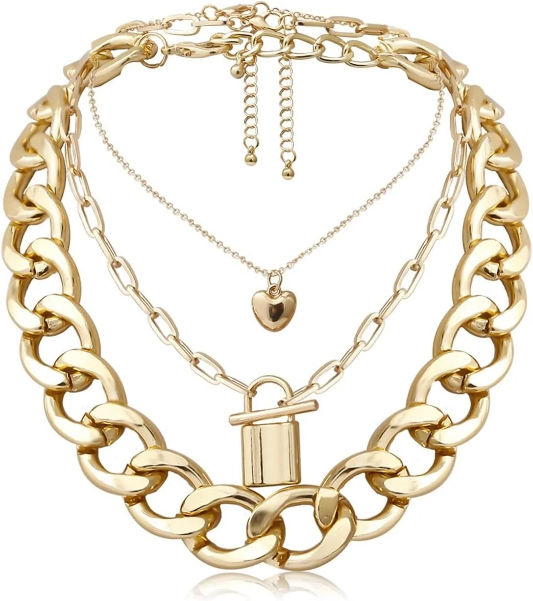 Women Layered Necklace, 3 Layer Necklace Pendant Necklaces Gold Lobster Claw Open Heart Lock Design Thanksgiving Women Jewelry