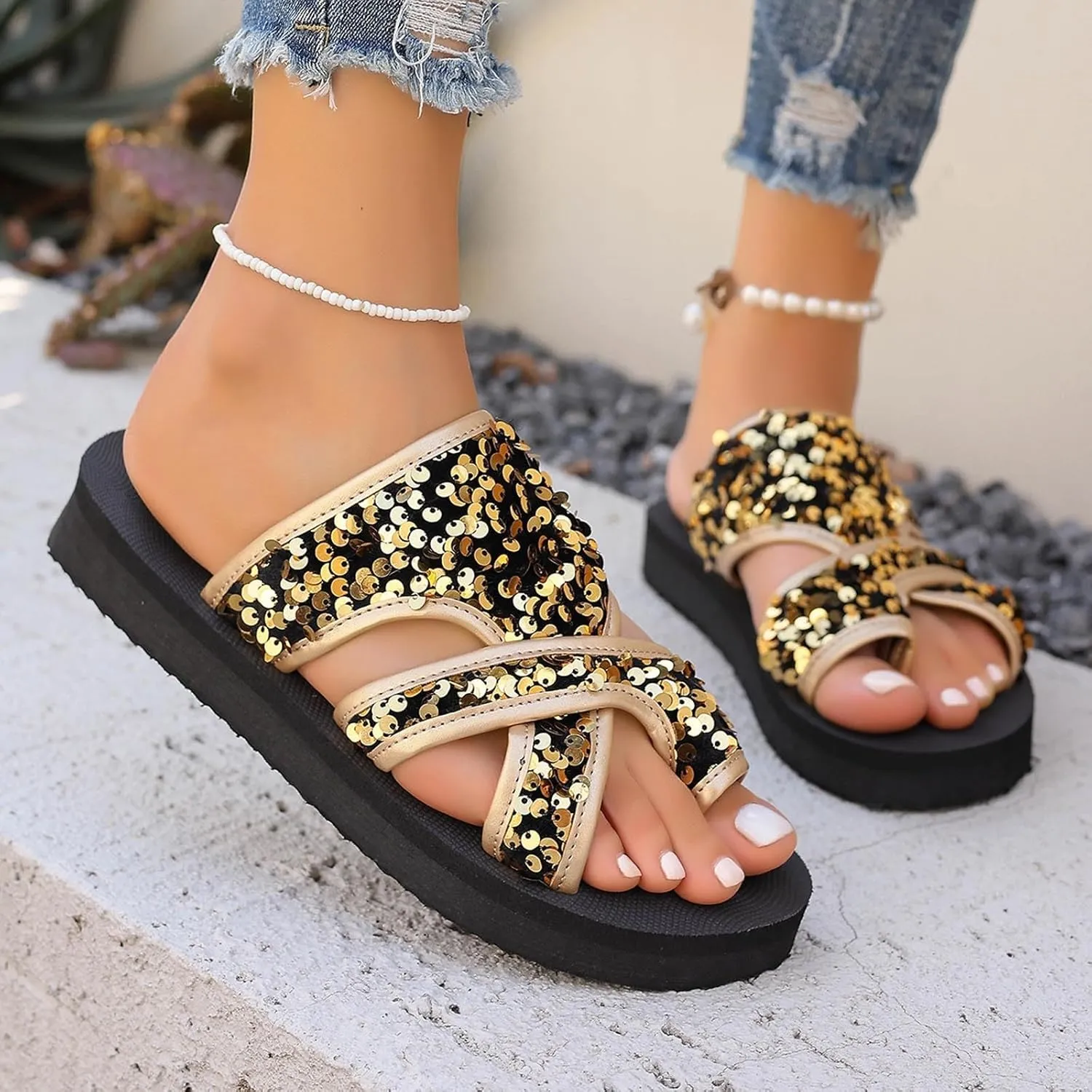 Women Orthopedic Sandals with Arch Support Comfortable Wedge Slide Sandals Flip Flops Outdoor Beach Shoes