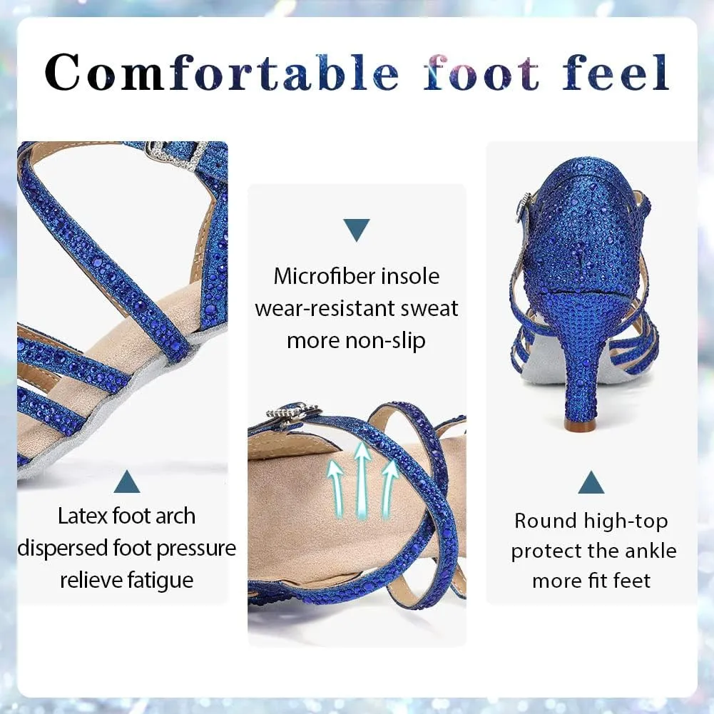 Women Professional Latin Rhinestone Dance Shoes Open Toe Salsa Chacha Ballroom Dance Heels Cross Strap,Model-L357