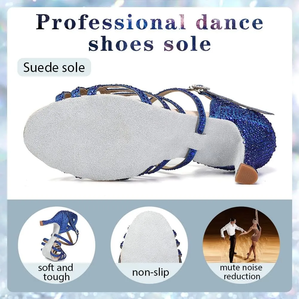 Women Professional Latin Rhinestone Dance Shoes Open Toe Salsa Chacha Ballroom Dance Heels Cross Strap,Model-L357