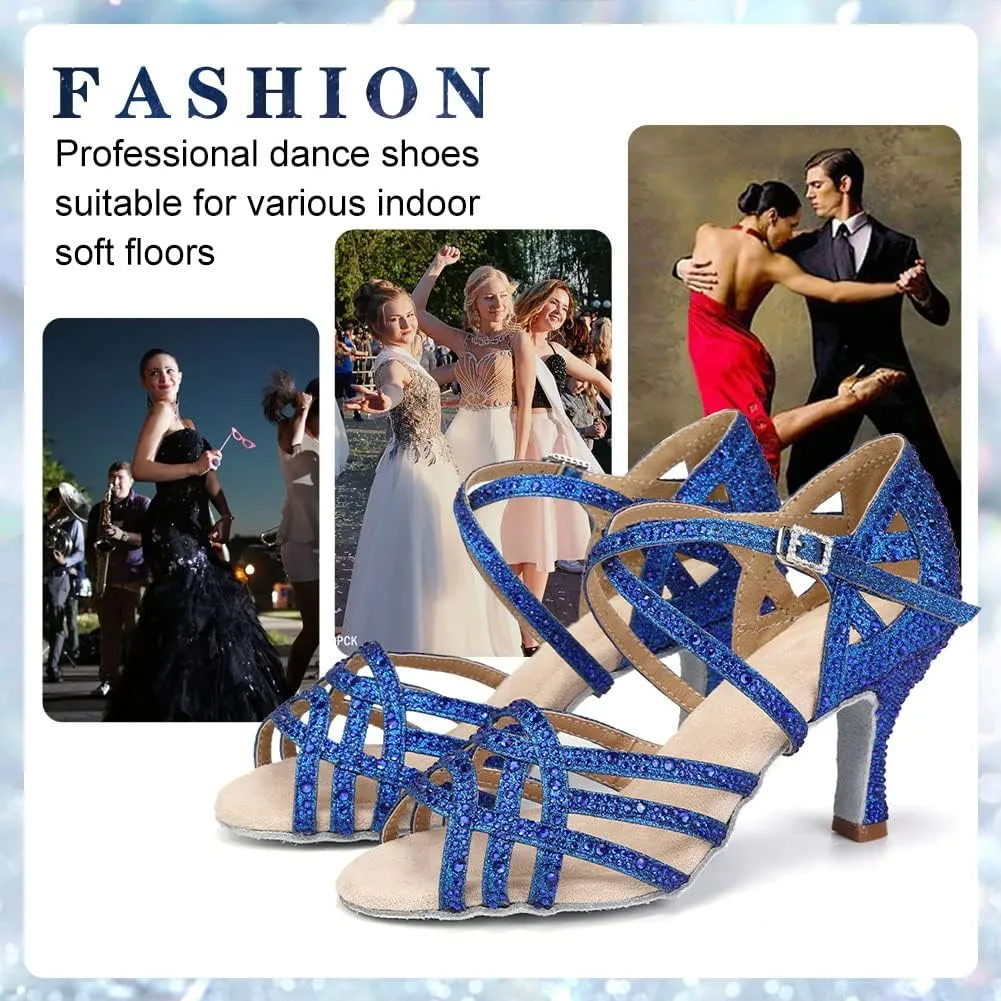 Women Professional Latin Rhinestone Dance Shoes Open Toe Salsa Chacha Ballroom Dance Heels Cross Strap,Model-L357