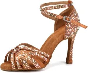 Women Rhinestone Latin Dance Shoes Ballroom Salsa Performance Dancing Heels 4 Inch Heel Nude/Black/Brown