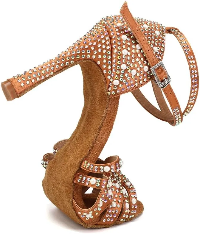 Women Rhinestone Latin Dance Shoes Ballroom Salsa Performance Dancing Heels 4 Inch Heel Nude/Black/Brown