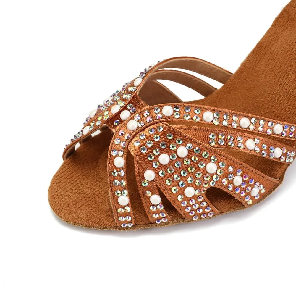 Women Rhinestone Latin Dance Shoes Ballroom Salsa Performance Dancing Heels 4 Inch Heel Nude/Black/Brown