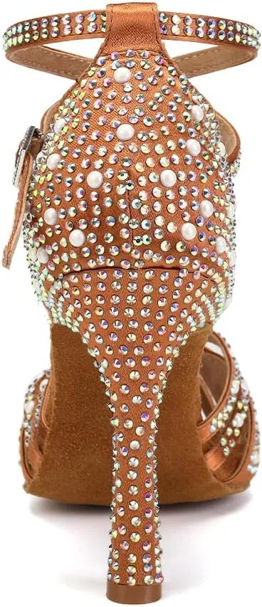 Women Rhinestone Latin Dance Shoes Ballroom Salsa Performance Dancing Heels 4 Inch Heel Nude/Black/Brown