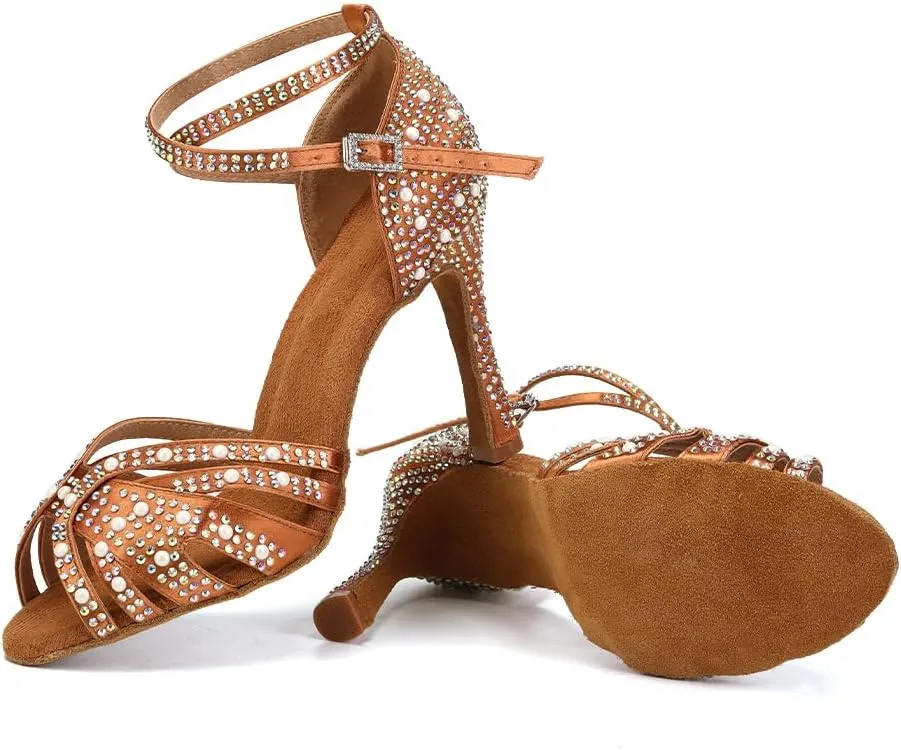 Women Rhinestone Latin Dance Shoes Ballroom Salsa Performance Dancing Heels 4 Inch Heel Nude/Black/Brown