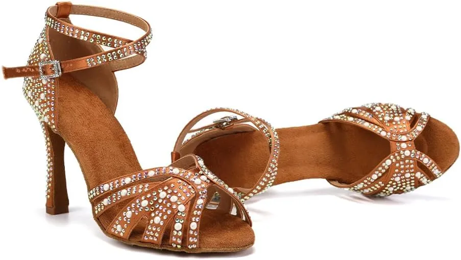 Women Rhinestone Latin Dance Shoes Ballroom Salsa Performance Dancing Heels 4 Inch Heel Nude/Black/Brown