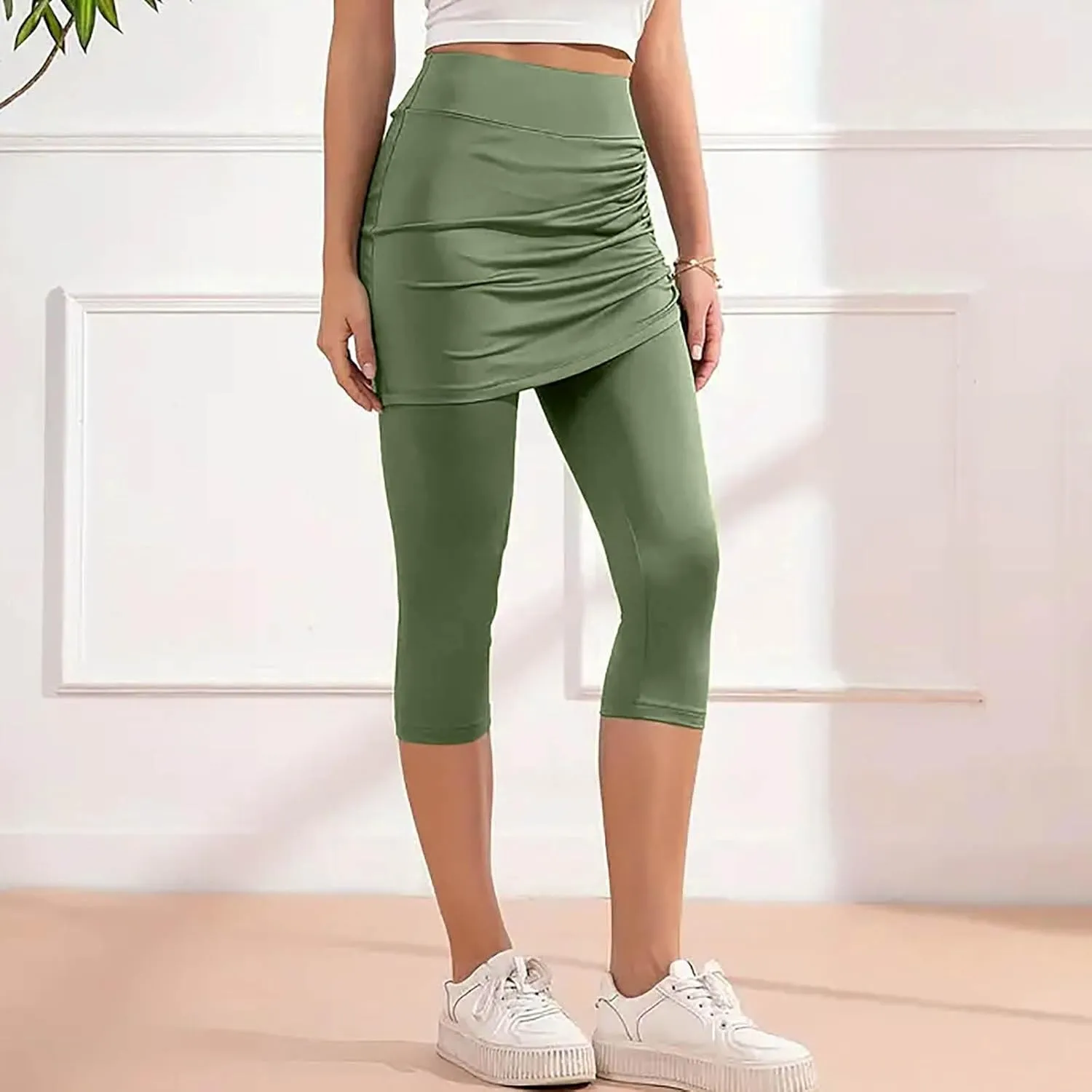 Women Tennis Skirts with Built-in Capri Leggings Workout Yoga Pants High Waist Drawstring Ruched Athletic Skorts