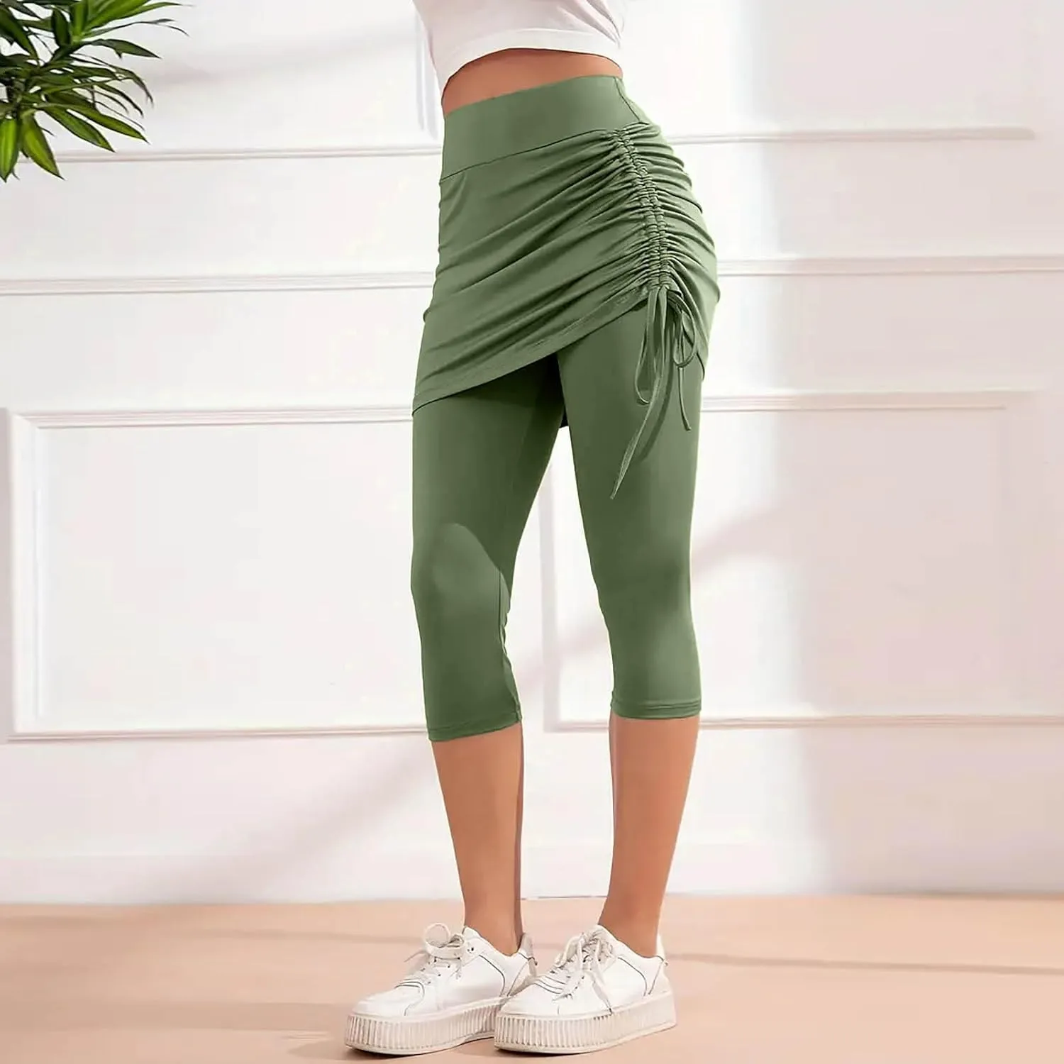 Women Tennis Skirts with Built-in Capri Leggings Workout Yoga Pants High Waist Drawstring Ruched Athletic Skorts