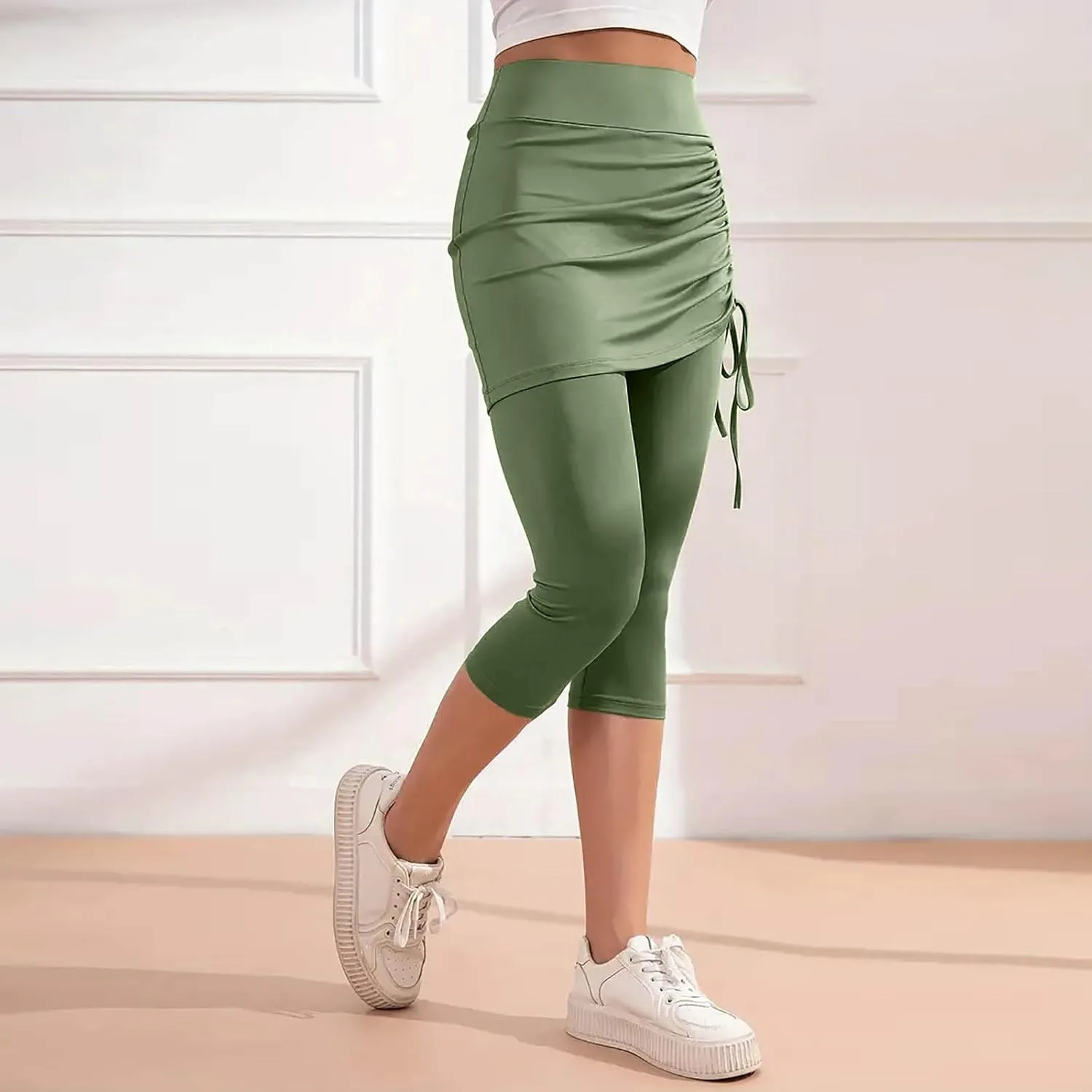 Women Tennis Skirts with Built-in Capri Leggings Workout Yoga Pants High Waist Drawstring Ruched Athletic Skorts