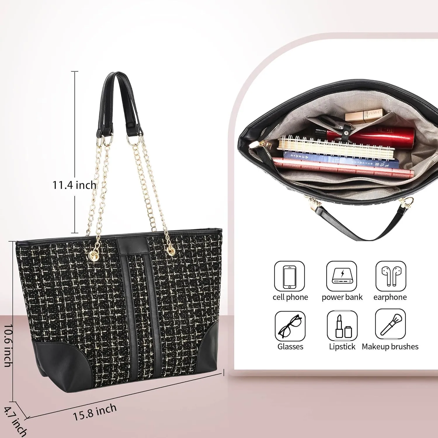 Women Tweed Single shoulder Bag Handbag and Purse Fashion Ladies Chain Quilted Crossbody Bag Evening Bag Clutch 