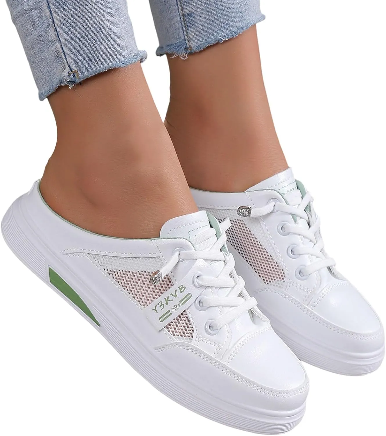 Women Walking Shoes Slip On,Breathable Canvas Cutout Loafers Thick Soles Flat Shoes Orthopedic Backless Slippers