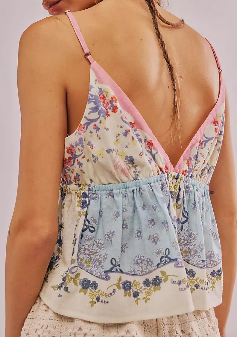 Women Y2k Floral Cami Top Spaghetti Strap V-Neck Ruffle Flowy Camisole Sleeveless Backless Peplum Babydoll Tank Top