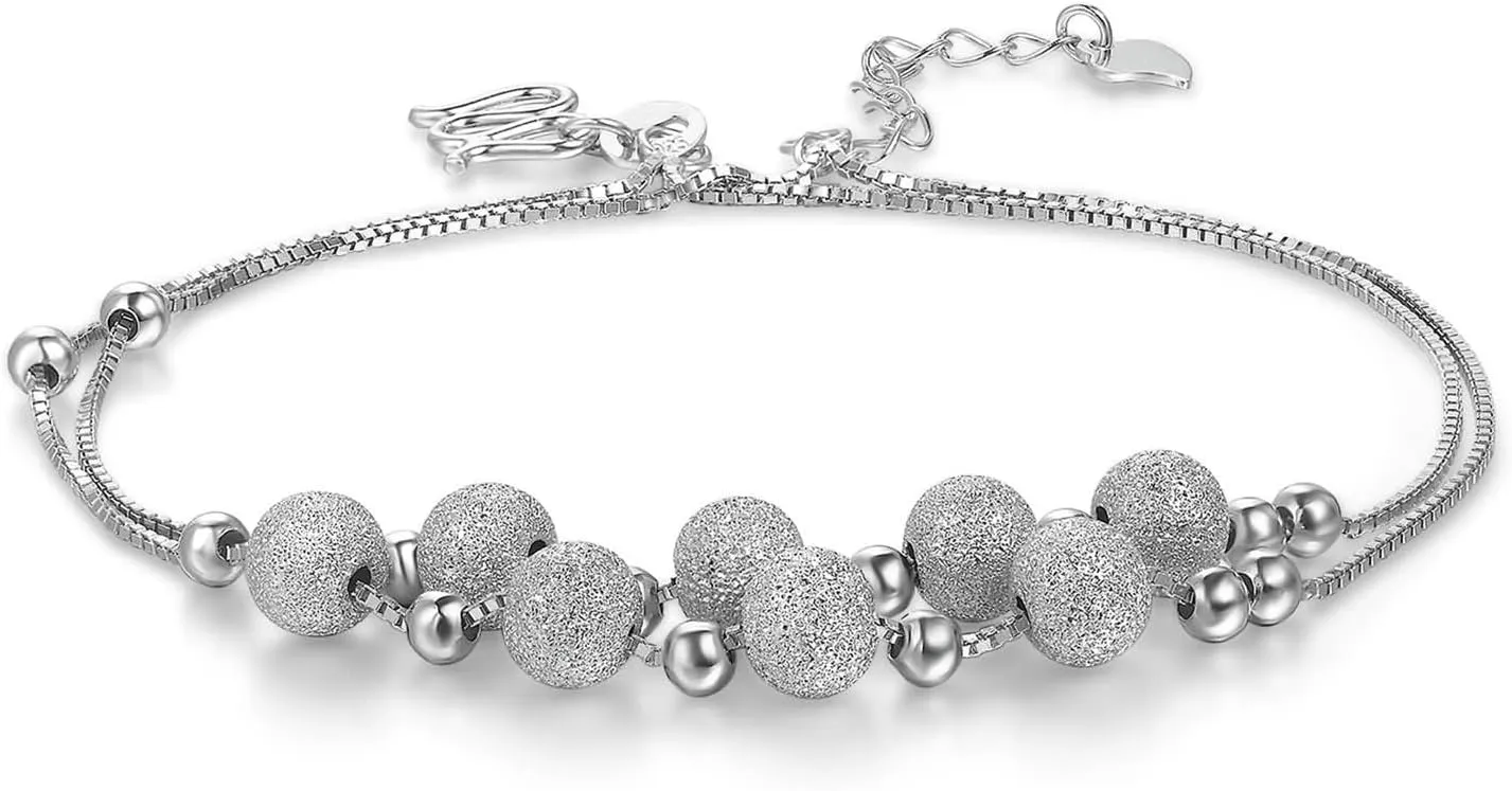 Women's Anklets Beaded, Anklet Silver Sterling with Matte Beads Silver Foot Jewelry Summer 9Inch(24cm)