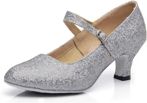 Womens Ballroom Latin Dance Shoes, Glitter Leather Closed Toe Heels Shoes Cowhide Sole for Indoors