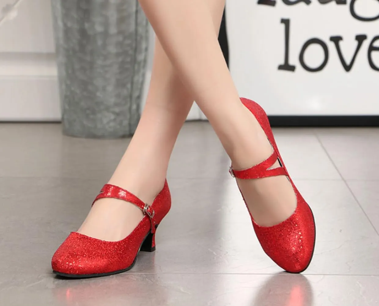 Womens Ballroom Latin Dance Shoes, Glitter Leather Closed Toe Heels Shoes Cowhide Sole for Indoors