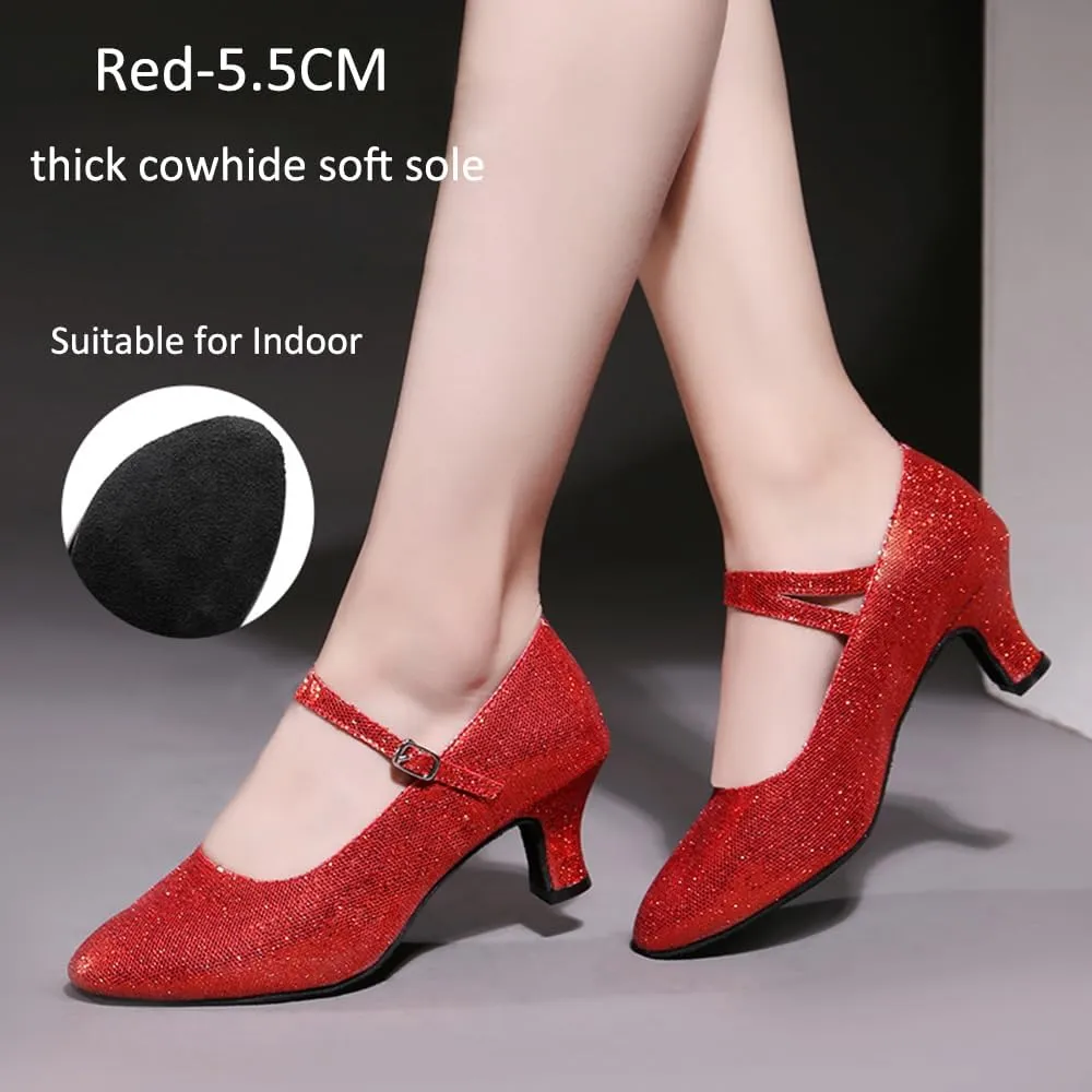 Womens Ballroom Latin Dance Shoes, Glitter Leather Closed Toe Heels Shoes Cowhide Sole for Indoors