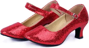 Womens Ballroom Latin Dance Shoes, Glitter Leather Closed Toe Heels Shoes Cowhide Sole for Indoors