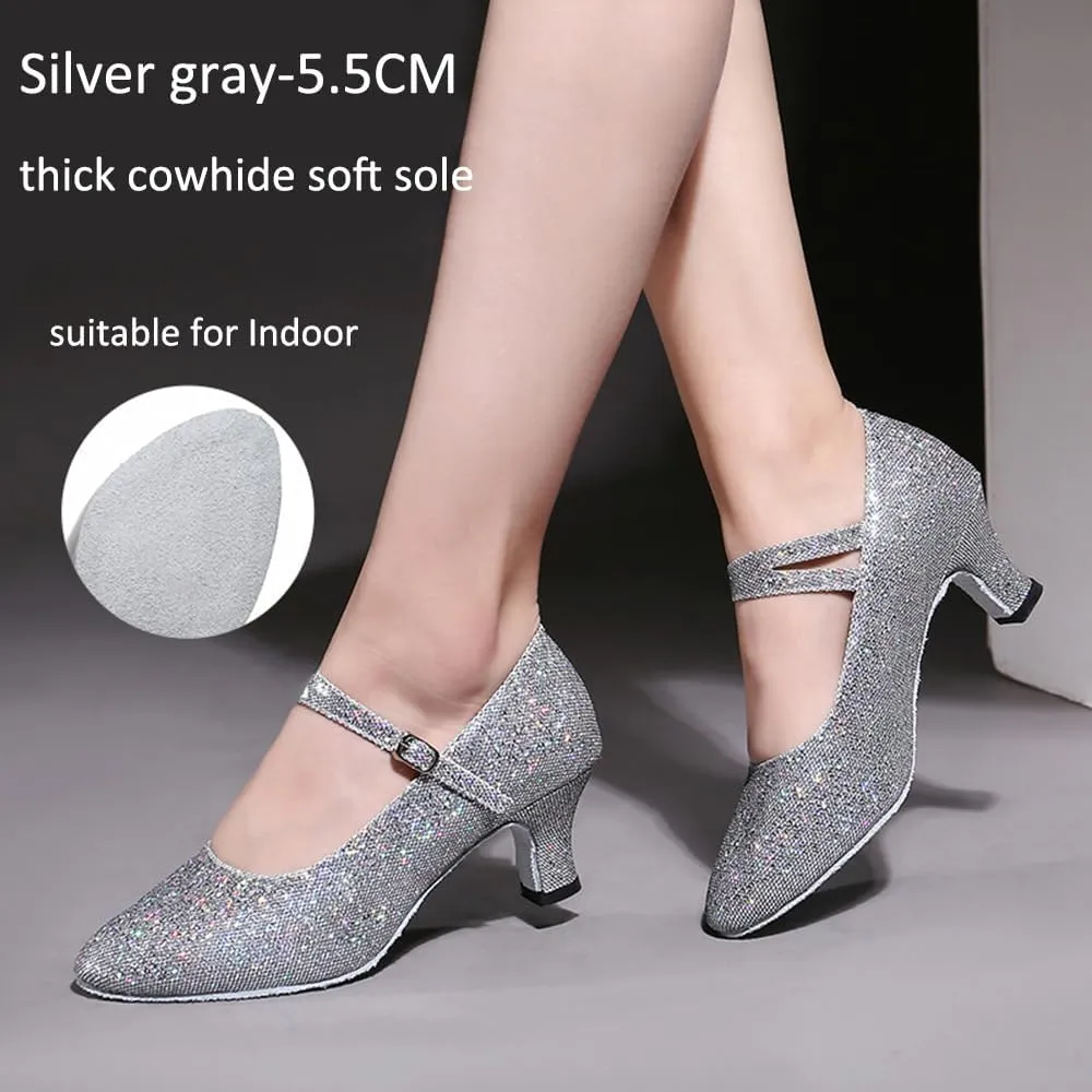 Womens Ballroom Latin Dance Shoes, Glitter Leather Closed Toe Heels Shoes Cowhide Sole for Indoors