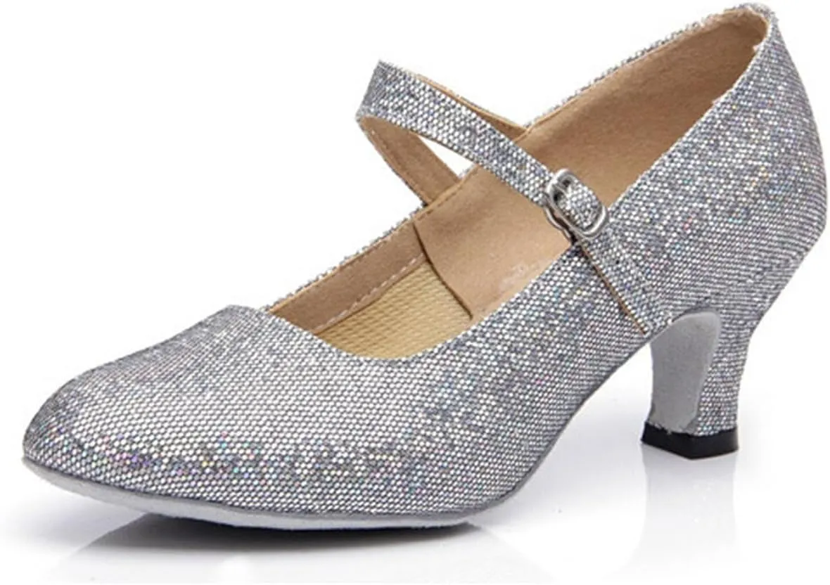 Womens Ballroom Latin Dance Shoes, Glitter Leather Closed Toe Heels Shoes Cowhide Sole for Indoors