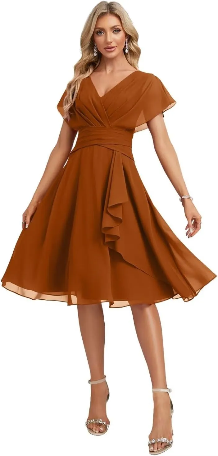 Women's Chiffon Short Bridesmaid Dresses V-Neck Empire Waist Ruffles Sleeve Formal Prom Dresses SR002
