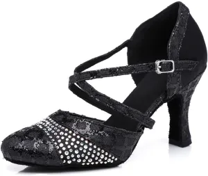 Women's Closed Toe Latin Ballroom Character Dance Shoes Satin Sequin Tango Salsa Party Dancing Shoes