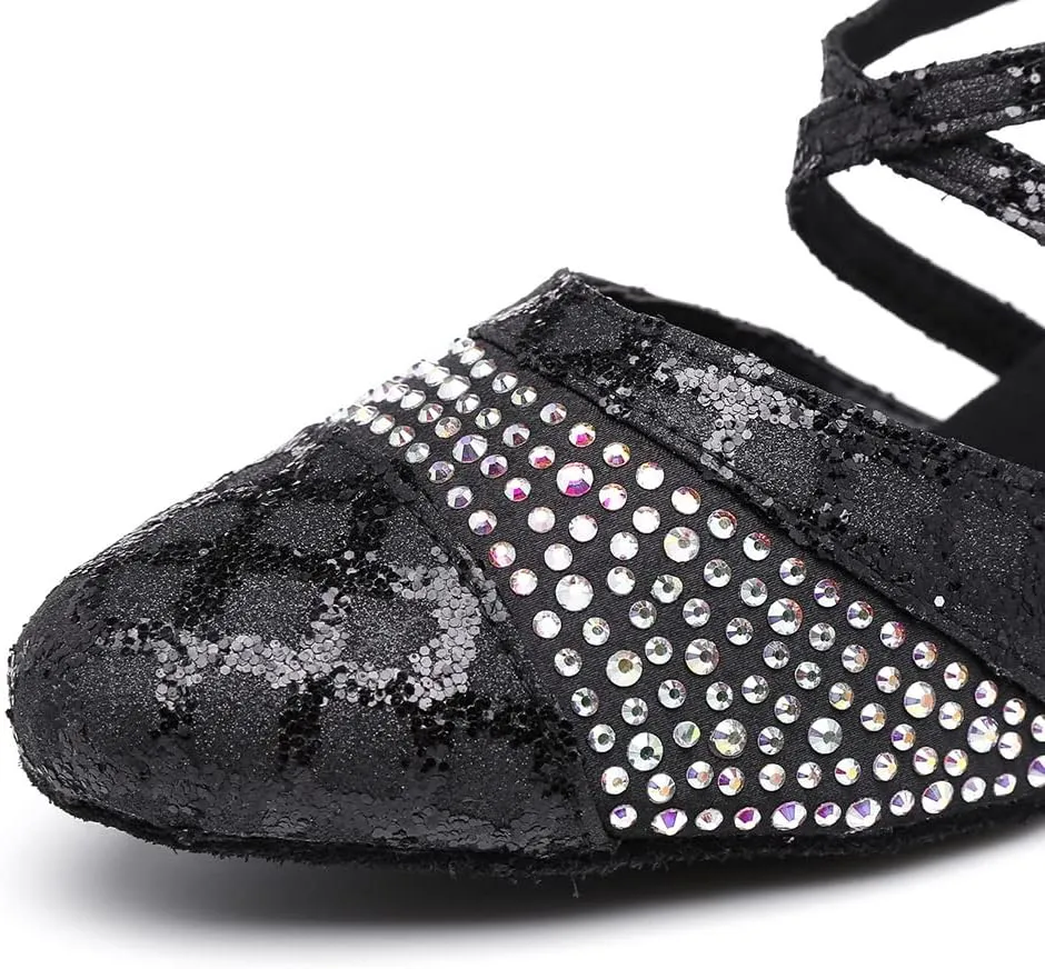 Women's Closed Toe Latin Ballroom Character Dance Shoes Satin Sequin Tango Salsa Party Dancing Shoes