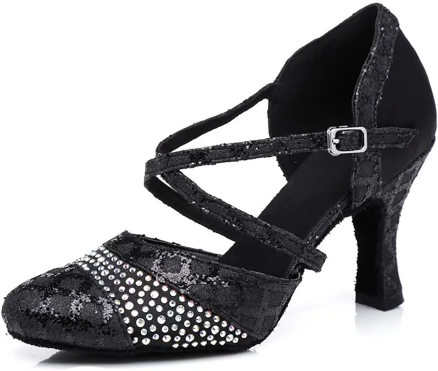 Women's Closed Toe Latin Ballroom Character Dance Shoes Satin Sequin Tango Salsa Party Dancing Shoes