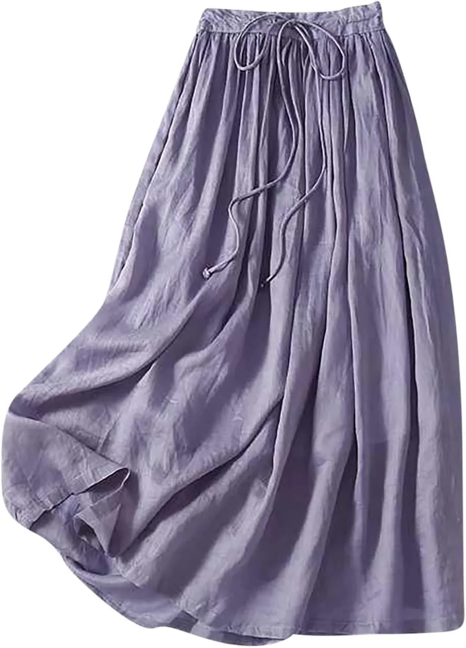Women's Cotton Linen Maxi Skirt, High Waist Drawstring Long Skirts, Loose Fit Flowy Ankle Length Skirt, Comfy Skirts