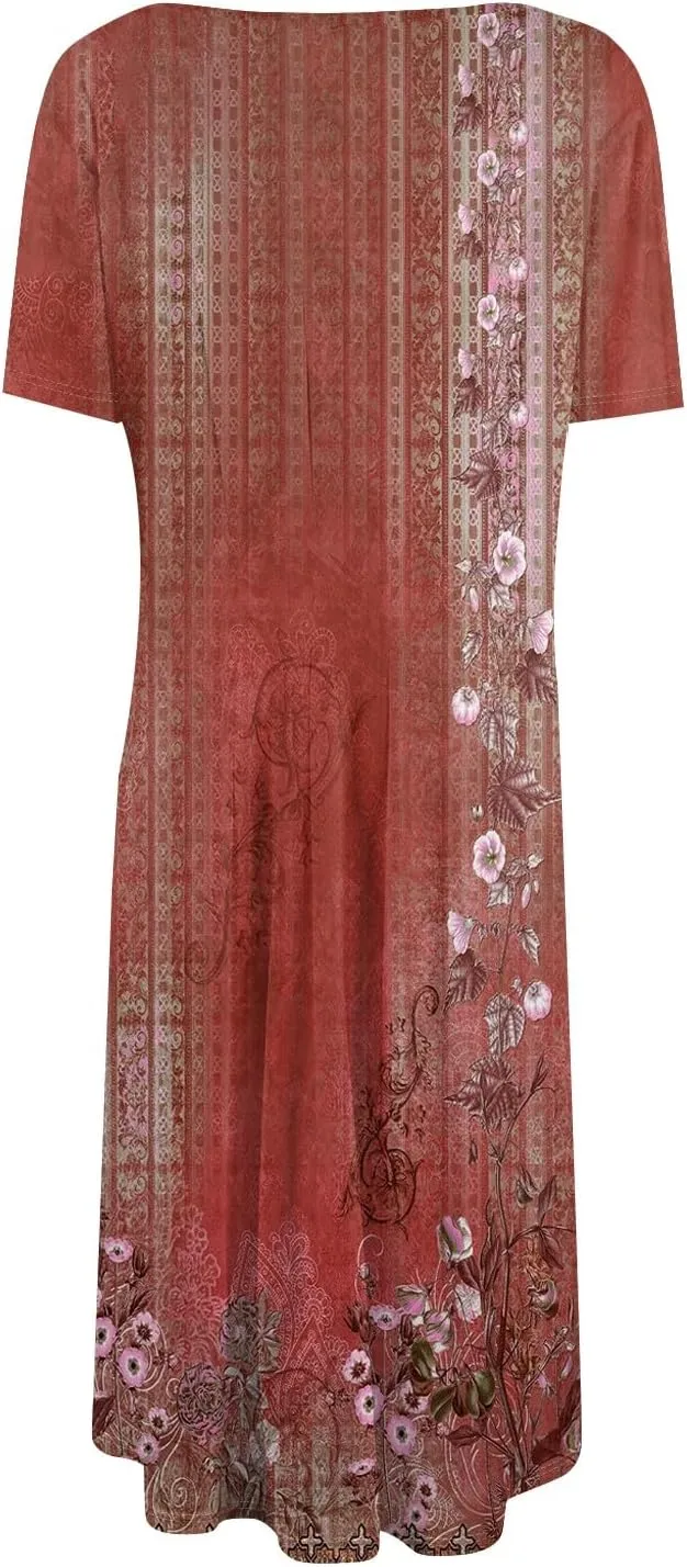 Womens Dresses Short Sleeve Summer Wrap Dress Empire Waist Floral Dress Fashion Smocked Midi Dresses with Pockets
