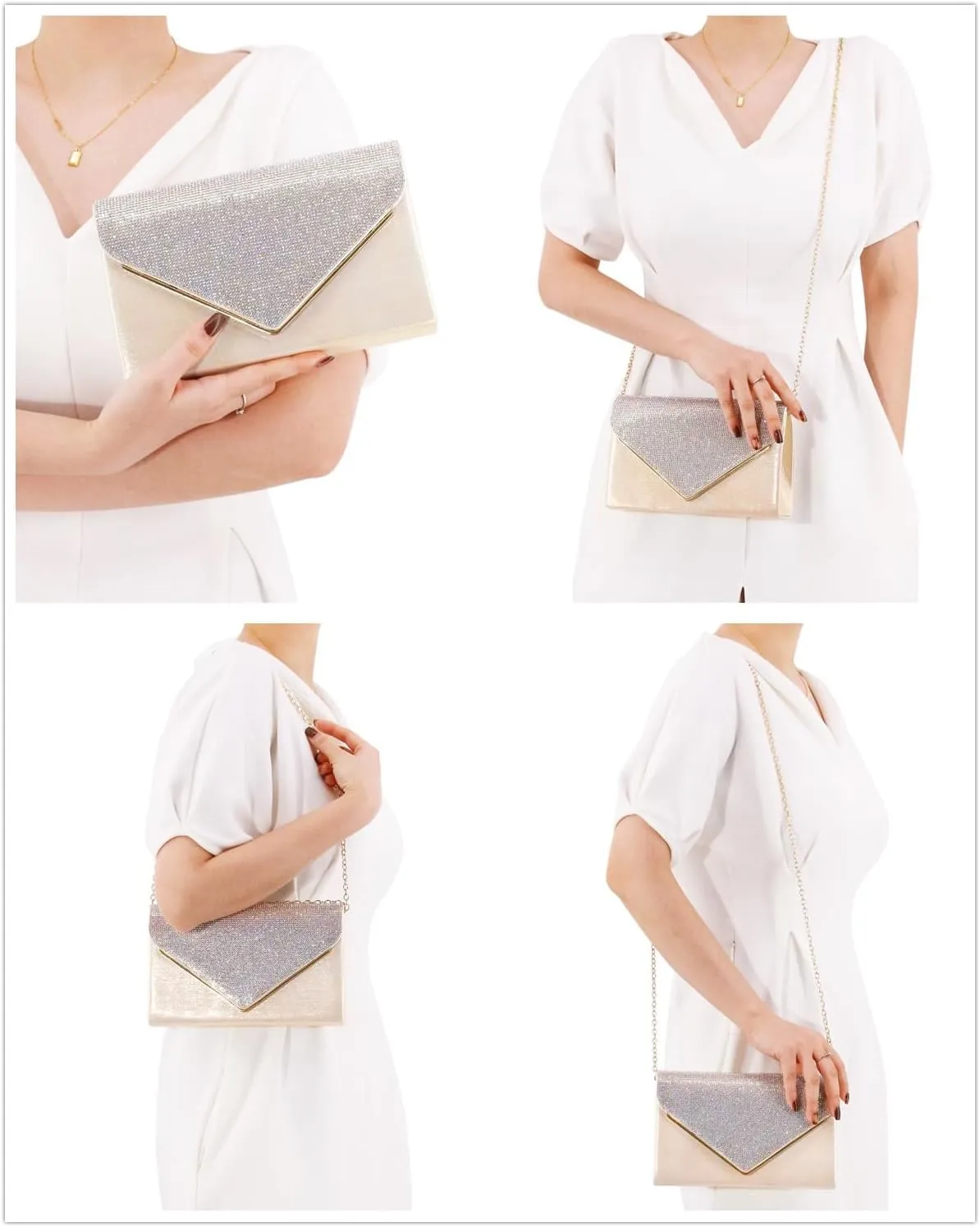 Womens Envelope Evening Bag Clutch Purses Sparkling Rhinestone Hangbag Shoulder Crossbody Bag with Detachable Chain