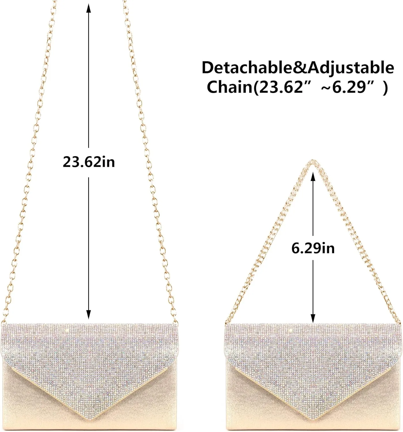 Womens Envelope Evening Bag Clutch Purses Sparkling Rhinestone Hangbag Shoulder Crossbody Bag with Detachable Chain