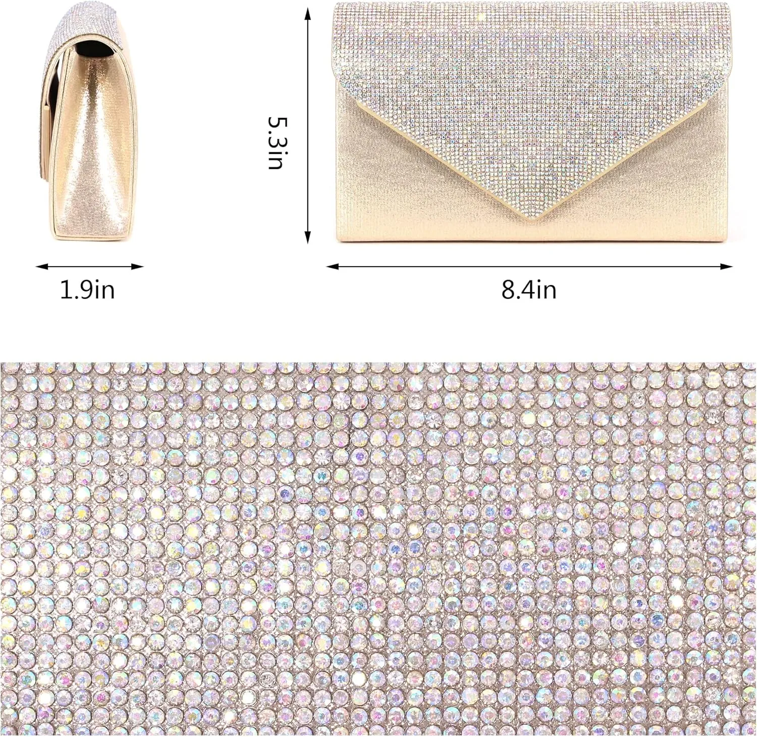 Womens Envelope Evening Bag Clutch Purses Sparkling Rhinestone Hangbag Shoulder Crossbody Bag with Detachable Chain