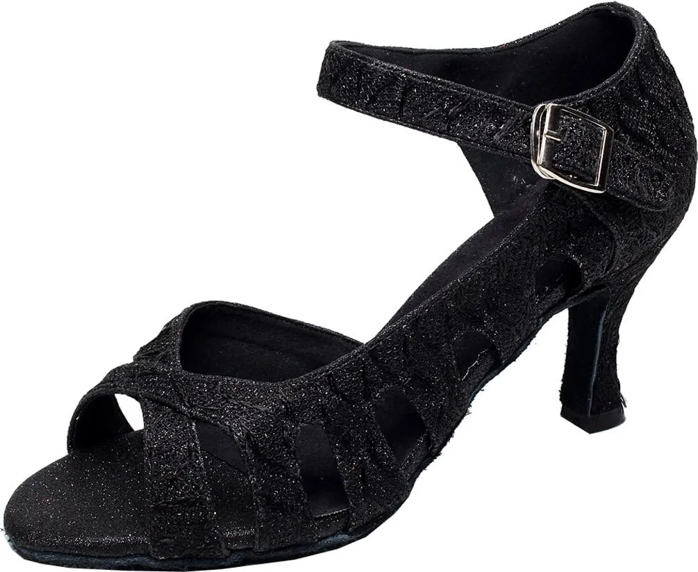 Women's Glitter Dance Shoes Latin Tango Ballroom Practice Shoes Salsa Cha-cha Peep Hollow Out Soft Sole, black set, 8.5